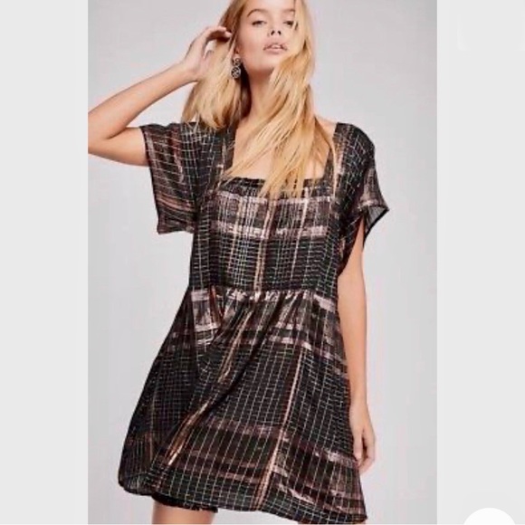 Free People Black and Metallic Bronze Plaid Mini Dress - Picture 5 of 8